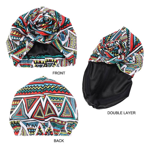 Image of Woman African Satin Lined Turban Cap Big Flower Hat Floral Printed Headwrap Bonnet Muslim Headscarf Ladies Beanies-FrenzyAfricanFashion.com