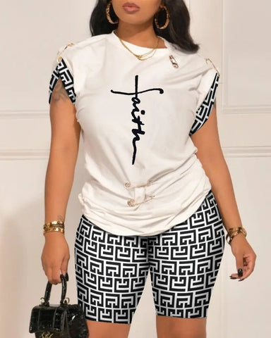Image of Summer Women New Set Fashion Round Neck Printed Pin Top Shorts Casual Sports Elegant Women Set Two Piece-FrenzyAfricanFashion.com