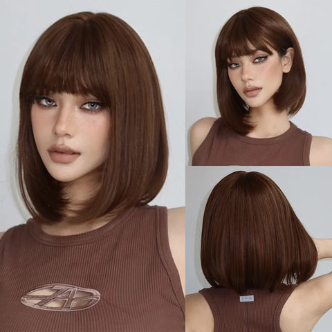 Image of Short Black Brown Synthetic Natural Hair Wigs for Women Bob Straight Wig with Bangs High Temperature Daily Cosplay Party Wigs-FrenzyAfricanFashion.com