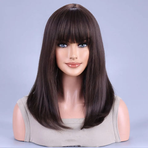 Image of Black Brown Synthetic Wig with Bangs Middle Long Straight Curly Wigs for Women Cosplay Daily Party Heat Resistant Fiber Hair-FrenzyAfricanFashion.com