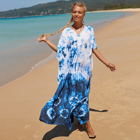 Image of Kaftan Dresses Women Bohemian Maxi Tie Dye Rayon Summer Holiday Bathing Suits-FrenzyAfricanFashion.com