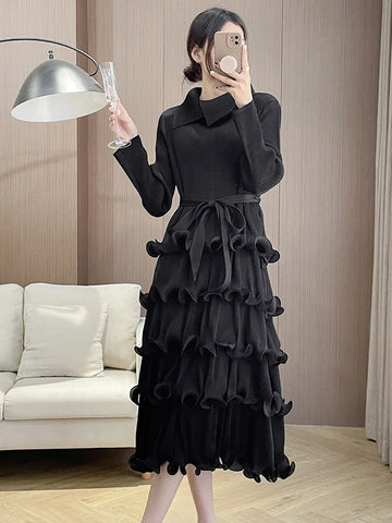Image of Ruffles Pleated Dress Women Lapel Elegant Dresses With Belt-FrenzyAfricanFashion.com