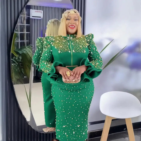 Image of luxury women's elegant dress suit Mesh fabric turkey dresses for women luxury rhinestone african dress-FrenzyAfricanFashion.com