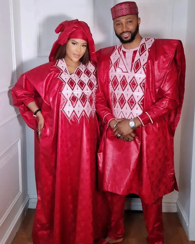 Image of Embroidery Red Tops Pants Suits Bazin Wedding Party Clothing-FrenzyAfricanFashion.com