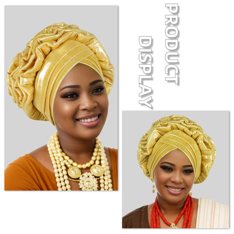 Image of Fashion Women Elastic Ruffle African Turban Cap Lady Head Wraps Nigeria Wedding Auto Gele Headtie Party Headgear Headwear Hat-FrenzyAfricanFashion.com