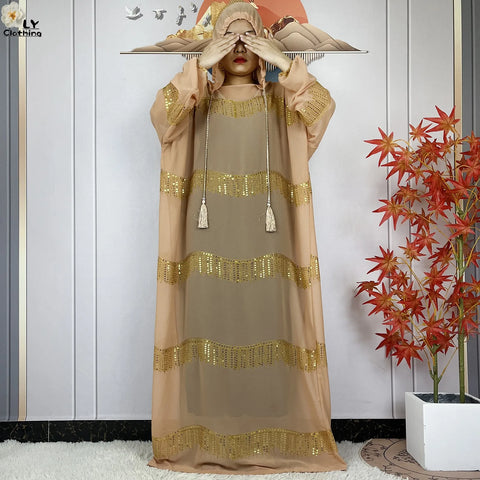 Image of 2024 Muslim Abayas For Women Prayer Garment Ramadan Chiffon Sequin Loose Long Sleeved Boubou Maxi Islam Femme Robe With Hooded-FrenzyAfricanFashion.com