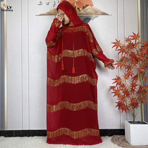Image of 2024 Muslim Abayas For Women Prayer Garment Ramadan Chiffon Sequin Loose Long Sleeved Boubou Maxi Islam Femme Robe With Hooded-FrenzyAfricanFashion.com