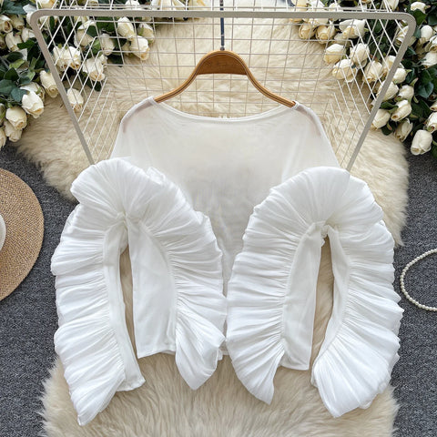 Image of Basics Ruffle Spliced O-neck Vintage Long Sleeves Slim Mesh Top Office Lady Spring Autumn Women T-Shirts-FrenzyAfricanFashion.com