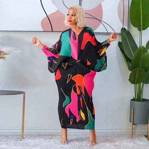 Image of Women Pleated Batwing Long Sleeve V-neck Slim Maxi Long Dress Ruched Dresses-FrenzyAfricanFashion.com