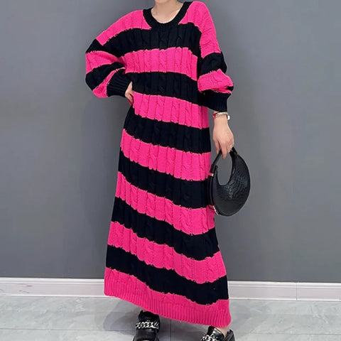 Image of Striped Knit Dress For Women O-neck Full Sleeve Loose-FrenzyAfricanFashion.com