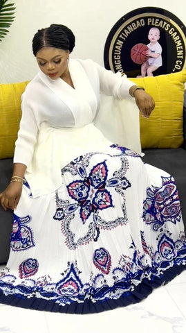 Image of Pleated Fashion 2 Piece Set Women Belt Batwing Sleeves Tops Print A-line Folds Long Dresses-FrenzyAfricanFashion.com