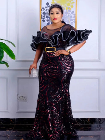 Image of 2023 Spring Summer Elegant African Women Short Sleeve Sequined Wedding Party Long Dress Africna Dresses for Women Maxi Dress-FrenzyAfricanFashion.com