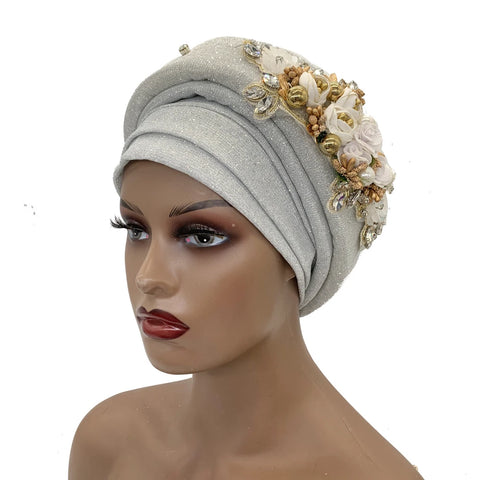 Image of Exquisite Bouquet Headtie Traditional Marriage Wedding Auto Gele Bonnet Head Wraps-FrenzyAfricanFashion.com