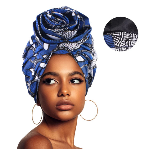 Image of Woman African Satin Lined Turban Cap Big Flower Hat Floral Printed Headwrap Bonnet Muslim Headscarf Ladies Beanies-FrenzyAfricanFashion.com