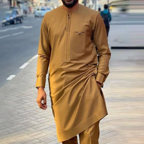 Image of Men's Elegant Long Sleeve Suit Shirt Pants 2-piece Solid Color Party Long Sleeve African Ethnic Style-FrenzyAfricanFashion.com