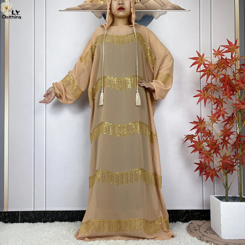 Image of 2024 Muslim Abayas For Women Prayer Garment Ramadan Chiffon Sequin Loose Long Sleeved Boubou Maxi Islam Femme Robe With Hooded-FrenzyAfricanFashion.com