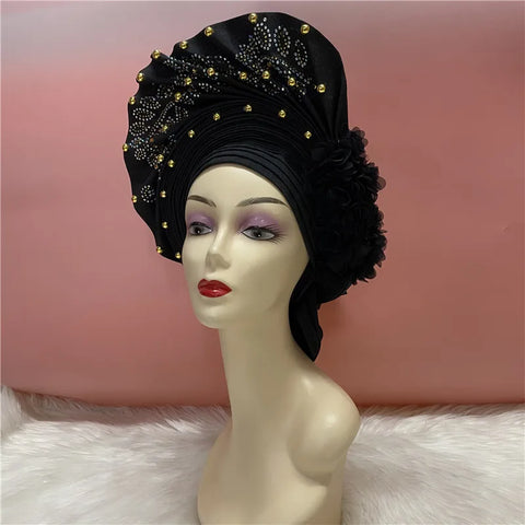 Image of African Nigerian gel headgear with stone bead already made auto turban afro aso ebi gel aso oke wide br im headgear 9L032801-FrenzyAfricanFashion.com