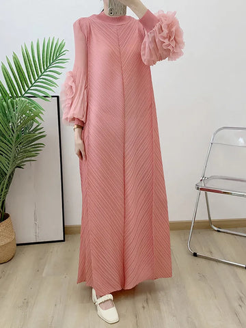 Image of Maxi Pleated Dress Round Neck Spliced Full Sleeve Dresses For Women-FrenzyAfricanFashion.com