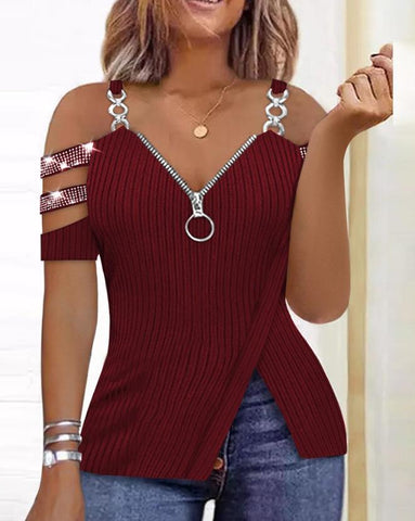 Image of Fashion Y2K Women's Top 2023 Summer Casual Rhinestone Decoration Zipper Details Split Bottom Cold Shoulder Basic Women's T-Shirt-FrenzyAfricanFashion.com