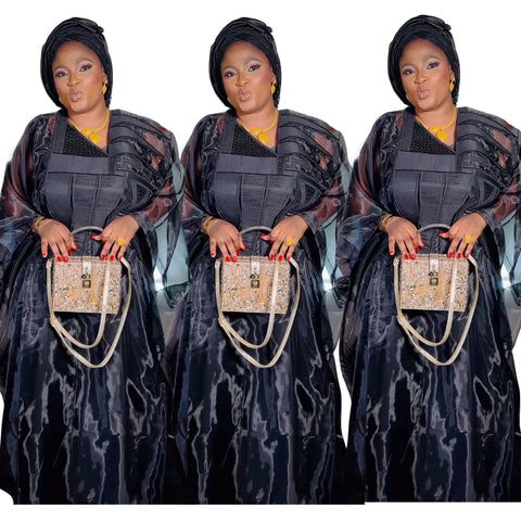 Image of African Attire For Women Black Abaya Embroidery Plus Size Elegant Party Church Dress With Scarf-FrenzyAfricanFashion.com