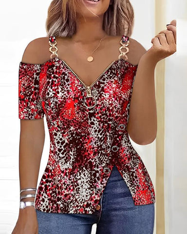Image of Fashion Y2K Women's Top 2023 Summer Casual Rhinestone Decoration Zipper Details Split Bottom Cold Shoulder Basic Women's T-Shirt-FrenzyAfricanFashion.com