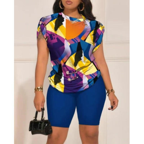 Image of Tops Sets Casual 2-piece Summer Fashion Pin Print T-shirt Shorts-FrenzyAfricanFashion.com
