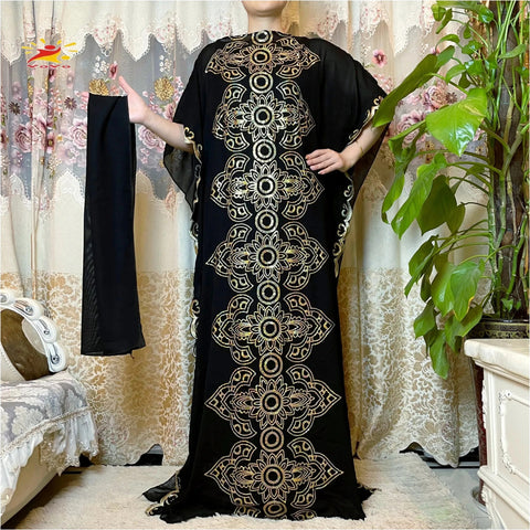 Image of Women Abaya African Embroidery Flower Dress With Scarf-FrenzyAfricanFashion.com