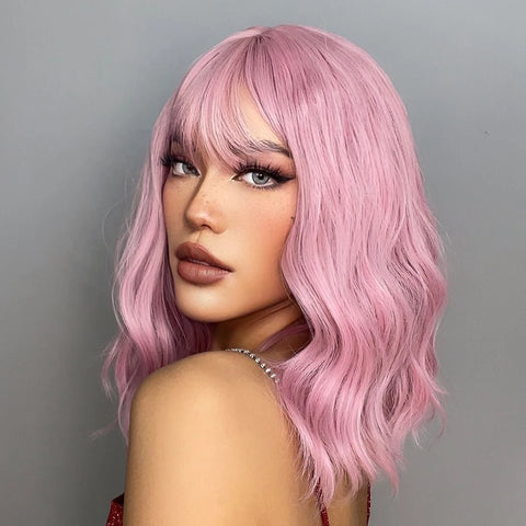 Image of Light Pink Short Wavy Synthetic Hair Wigs with Bangs Cosplay Natural Shoulder Length Bob Wig For Women Afro Heat Resistant Fiber-FrenzyAfricanFashion.com