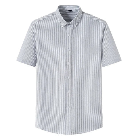 Image of Summer Shirt Men Cotton Solid Color Stripe Plaid Shirt Men Short Sleeve Casual Fitting Oxford Short Sleeve Shirts for Men Causal-FrenzyAfricanFashion.com