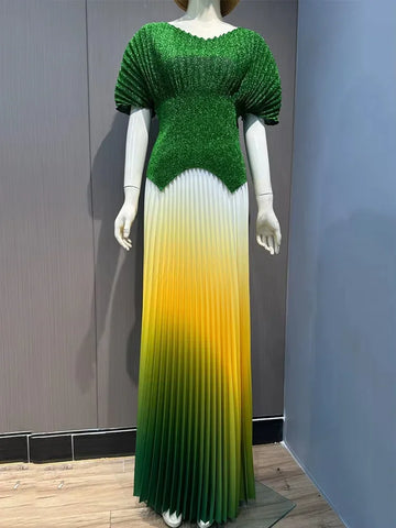 Image of Women Party Pleated 2 Pieces Set Gradient Women Fashion V Neck Short Batwing Sleeves Irregular Hem Long Skirt-FrenzyAfricanFashion.com