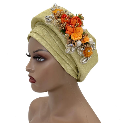 Image of Exquisite Bouquet Headtie Traditional Marriage Wedding Auto Gele Bonnet Head Wraps-FrenzyAfricanFashion.com