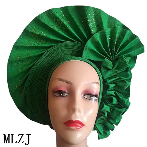 Image of African Nigerian gel headgear with stone bead already made auto turban afro aso ebi gel aso oke wide br im headgear 9L032801-FrenzyAfricanFashion.com