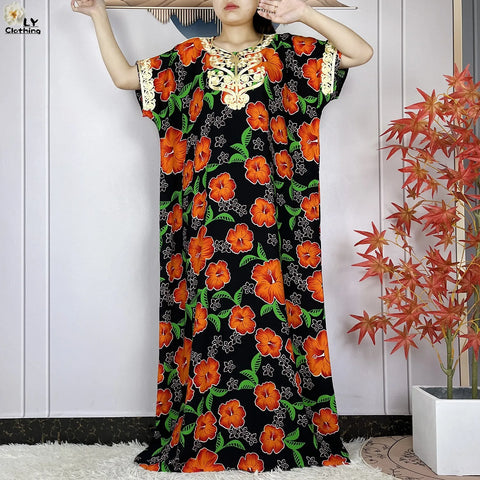Image of Abaya Cotton Floral Printing Loose Maxi Casual Dress-FrenzyAfricanFashion.com