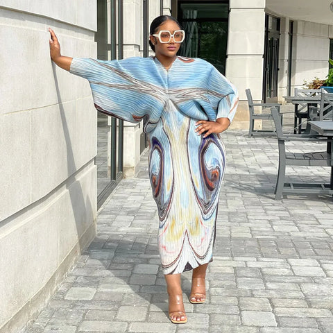 Image of Women Pleated Batwing Long Sleeve V-neck Slim Maxi Long Dress Ruched Dresses-FrenzyAfricanFashion.com