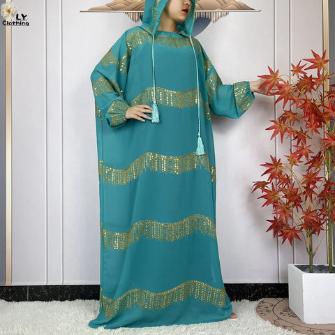 Image of 2024 Muslim Abayas For Women Prayer Garment Ramadan Chiffon Sequin Loose Long Sleeved Boubou Maxi Islam Femme Robe With Hooded-FrenzyAfricanFashion.com