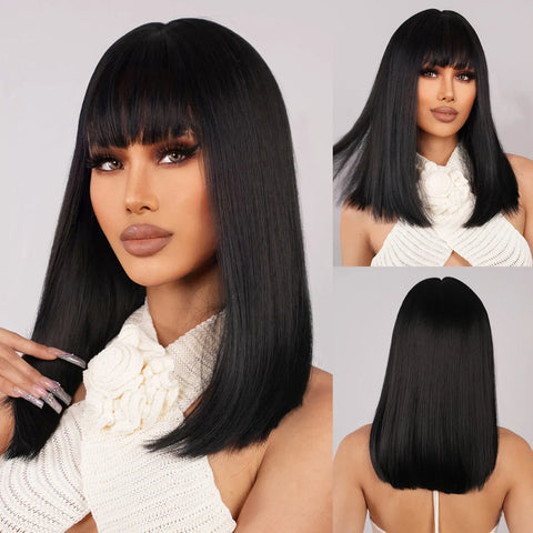 Image of Brown Ombre Synthetic Women Medium Length Wig with Bangs Heat Resistant-FrenzyAfricanFashion.com