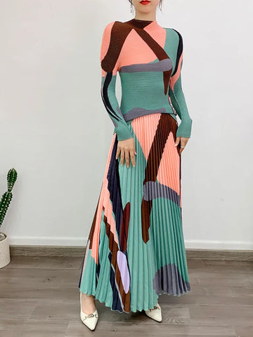 Image of Women Dress 2 Pieces Sets Long Sleeves Pleated Top With Elastic Skirts-FrenzyAfricanFashion.com