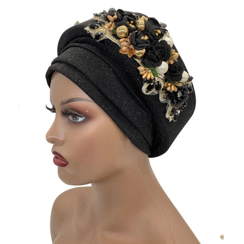 Image of Exquisite Bouquet Headtie Traditional Marriage Wedding Auto Gele Bonnet Head Wraps-FrenzyAfricanFashion.com