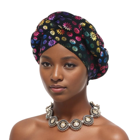 Image of Flower Bronzing African Braid Turban Caps Shining Women's Head Wraps Nigeria Wedding Geles Party Headgear Auto Gele Headtie-FrenzyAfricanFashion.com