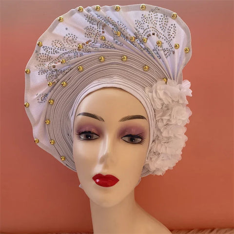 Image of African Nigerian gel headgear with stone bead already made auto turban afro aso ebi gel aso oke wide br im headgear 9L032801-FrenzyAfricanFashion.com