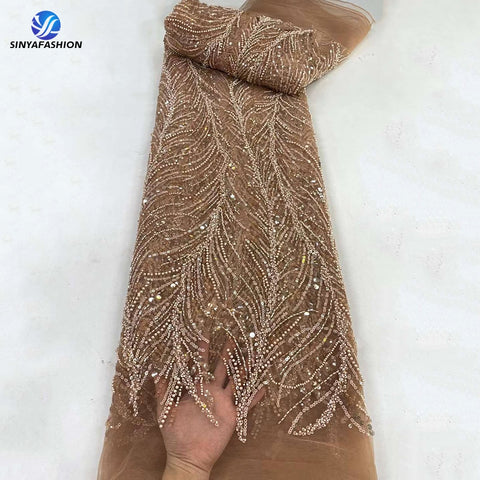 Image of Orange Sequins Pearls Beads French Tulle Mesh Net Embroidery Beaded Lace Fabric Bridal-FrenzyAfricanFashion.com