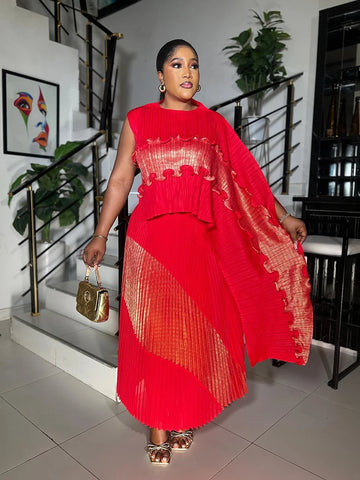 Image of Spring New Women's Color Matching Pleated Set Shawl Irregular Top Long Elastic Waist Skirt 2 Pieces Sets-FrenzyAfricanFashion.com