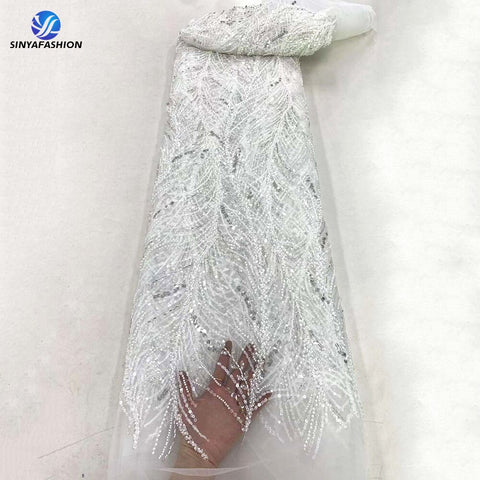 Image of Orange Sequins Pearls Beads French Tulle Mesh Net Embroidery Beaded Lace Fabric Bridal-FrenzyAfricanFashion.com