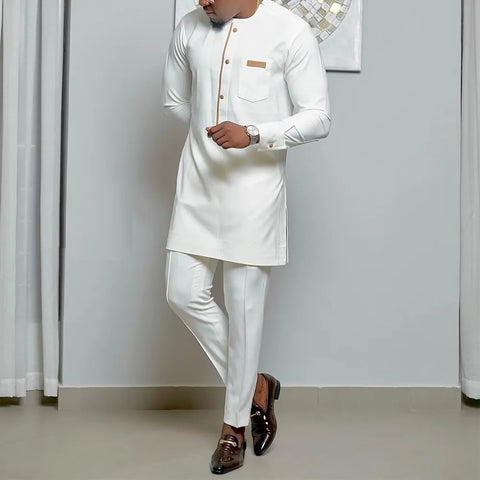 Image of Men's Elegant Long Sleeve Suit Shirt Pants 2-piece Solid Color Party Long Sleeve African Ethnic Style-FrenzyAfricanFashion.com