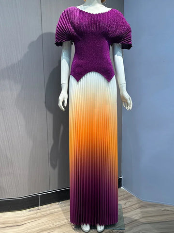 Image of Women Party Pleated 2 Pieces Set Gradient Women Fashion V Neck Short Batwing Sleeves Irregular Hem Long Skirt-FrenzyAfricanFashion.com