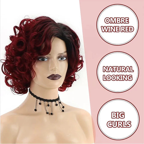 Image of HAIRJOY Synthetic Hair Short Burgundy Curly Wigs for Women Ombre Wine Red Short Wig-FrenzyAfricanFashion.com