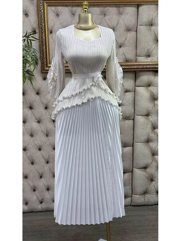 Image of Pleated Set Women Solid Tierred Ruffles Top & Large Size Folds A-line Skirt Two Pieces Sets-FrenzyAfricanFashion.com