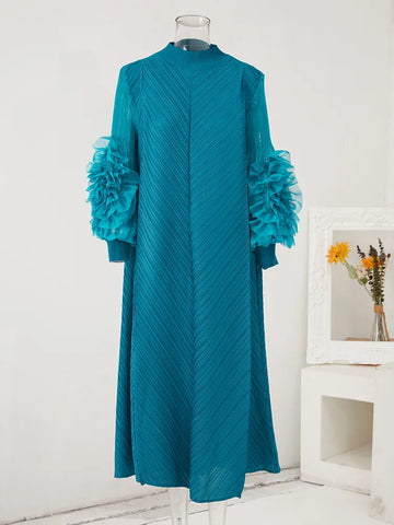 Image of Maxi Pleated Dress Round Neck Spliced Full Sleeve Dresses For Women-FrenzyAfricanFashion.com