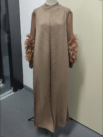 Image of Maxi Pleated Dress Round Neck Spliced Full Sleeve Dresses For Women-FrenzyAfricanFashion.com