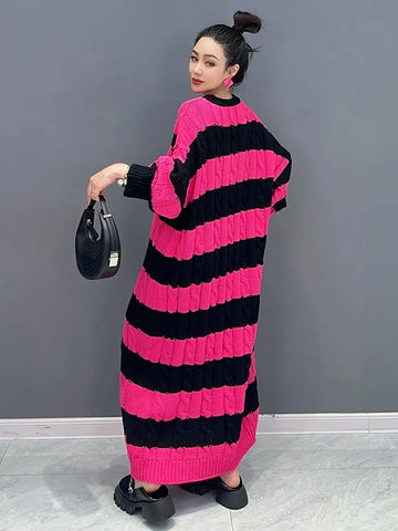 Image of Striped Knit Dress For Women O-neck Full Sleeve Loose-FrenzyAfricanFashion.com